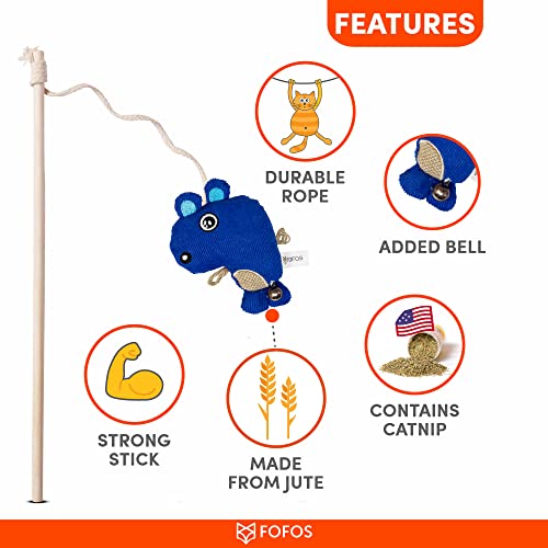 Image of BarkButler x Fofos Cat Teaser Toy Beaver Interactive, Blue|Bell & US Imported Catnip Inside|Durable Wooden Stick+Robust Rope|for All Cat Breeds