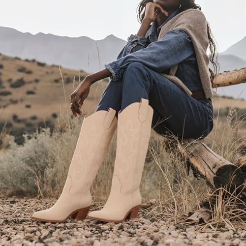 Image of Erocalli White Cowgirl Boot Cowboy Boots for Women Embroidered Pull-On Chunky Stacked Heel Knee High Western Boots