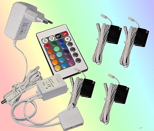 Trango 4er Set 5022-04 RGB Farbwechsel LED Glaskantenbeleuchtung inkl. Fernbedienung Schrankbeleuchtung Glasbodenbeleuchtung Vitrinenbeleuchtung LED Clips Möbelbeleuchtung