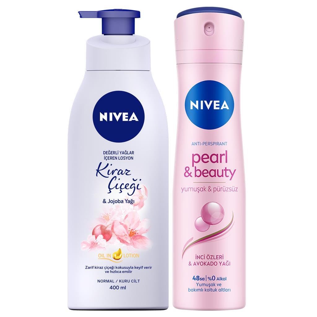 NIVEA Kadın Sprey Deodorant Pearl&Beauty 150ml, Kiraz Çiçeği Nemlendirici Vücut Losyonu 400ml