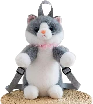 Stuffed Animals Backpack - Lifelike Stuffed Cat Plush Backpack, Handmade Cute Realistic Cat Shaped Bag - Gray Gray