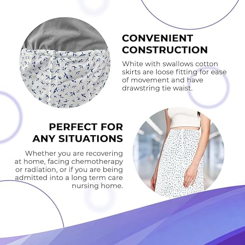 Image of AMZ Medical Supply Cotton Patient Skirts with Waist Tie, Universal Size. Pack of 3 White with Dark Blue Swallow 100% Cotton Skirts for Women, Thickness 147 GSM. Reusable Hospital Patient Clothing