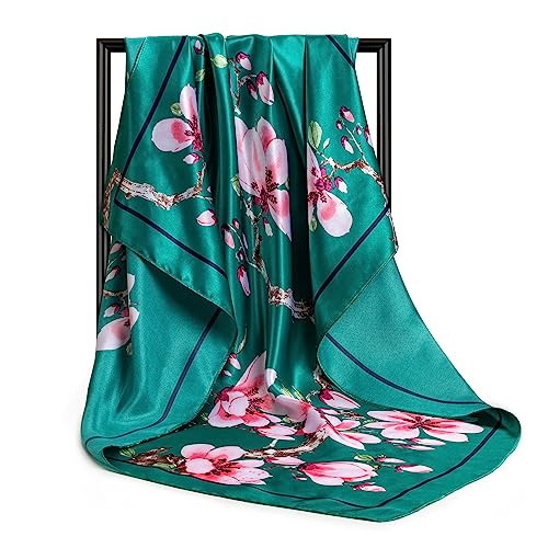 DRESHOW 35” Large Square Satin Head Scarf - 4Pcs Silk Accessories Classic Patterned Squares Beach Bandanas for Women3