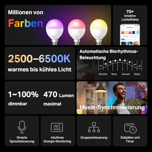 Tapo L430P Smart P45 WLAN-Glühbirne, Sockel E14, 470 Lumen, 16 Mio. Farben, dimmbar, Zeitplan & Timer, Energieüberwachung, kompatibel mit Alexa, Google Assistant und Samsung SmartThings – Bild 3