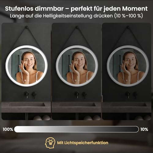 Trintion LED Spiegel Bad mit Beleuchtung 50cm Rund – Touch-Schalter, Beschlagfrei, Dimmbar – Badezimmerspiegel mit Licht für Make-up & Rasu Abnehmbarem Lederband 5