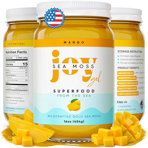 Joy Sea Moss Wildcrafted Irish Sea Moss Gel 16 oz | Made in USA | Gold Seamoss Superfood | Rich in Vitamins & Minerals | Real Fruit | Nutritional Supplement | Mango