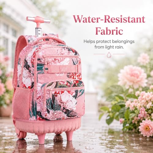 Image of 3Pcs Rolling Backpack for Girls Women, Travel Roller Backpacks with Wheels for Adults, Teens College Folwer Wheeled Bookbag with Lunch Box(Pink)