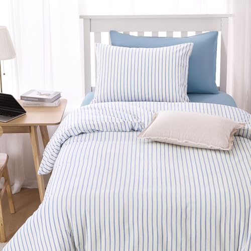 Wake In Cloud - Striped Cotton Duvet Cover Set Ticking Stripe Vertical Pinstripe Farmhouse 100% Washed Cotton Textured Bedding Set 3 Pieces Blue White Twin/Twin XL Size
