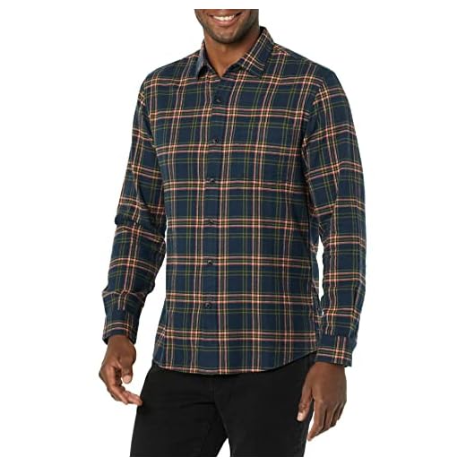 Amazon Essentials Men's Slim-Fit Long-Sleeve Flannel Shirt, Dark Green Navy Plaid, X-Small