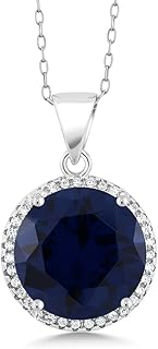 جيم ستون كينج عقد بقلادة من الياقوت الازرق المقلد 9.00 قيراط للنساء | فضة استرلينية 925 | دائري 13 ملم | مع سلسلة فضية 18 انش