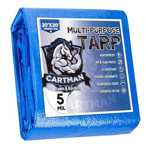 CARTMAN Finished Size 20x20 Feet Multipurpose Poly Tarp Cover 5 Mil Blue