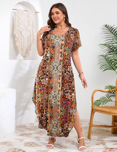 Image of JollieLovin Womens Plus Size Casual Summer Maxi Long Dress Short Sleeve T-Shirt Loose Sun Dress(L-5X)
