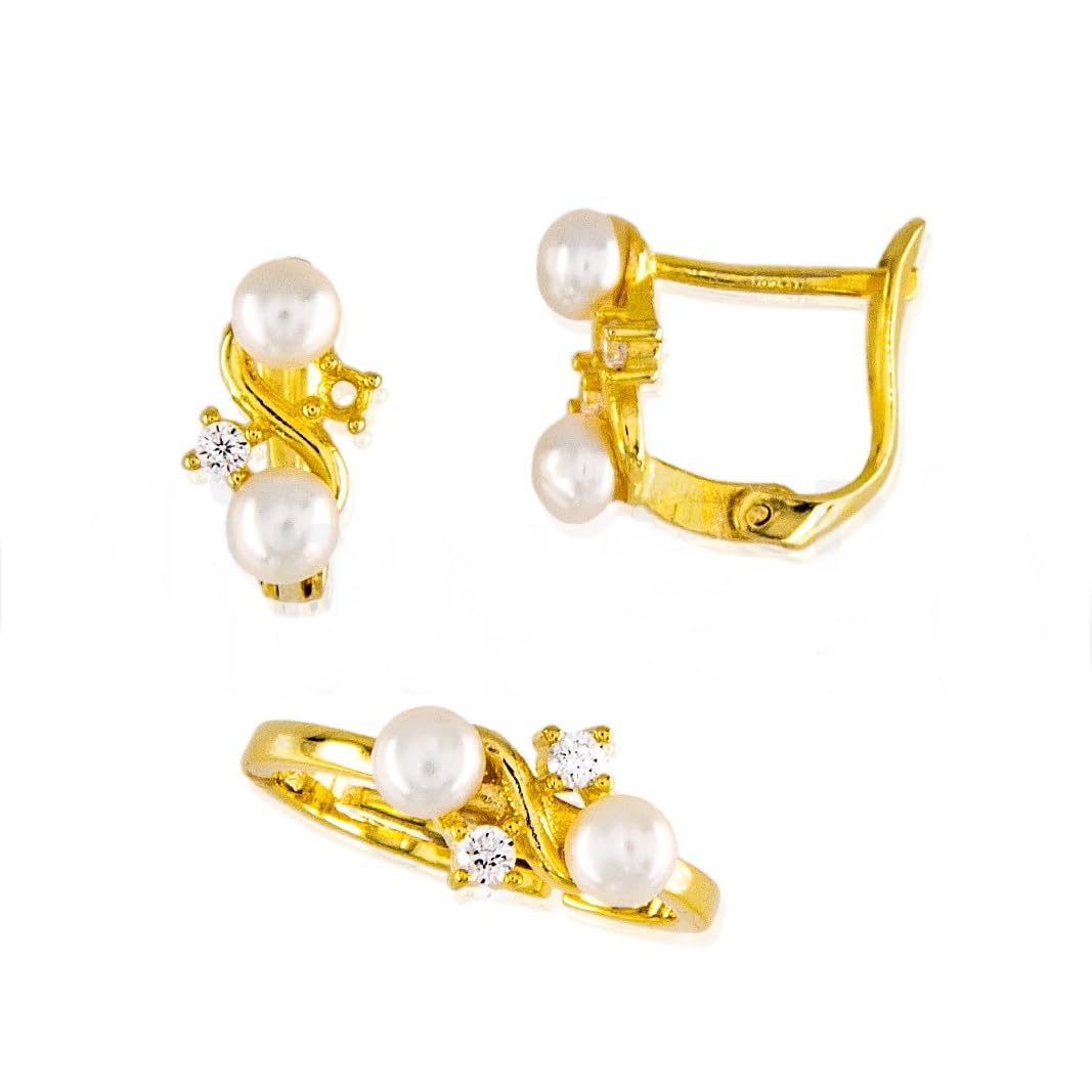 MinoplataConjunto Primera Comunión Pendientes y Sortija ajustable de Plata dorada con Perlas cultivadas y Circonitas