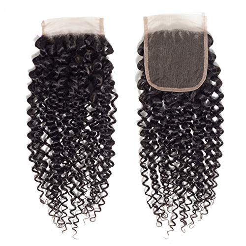Jerry Curly Hair 4x4 Free Part Lace Closure 7A 100% Unprocessed Brazilian Human Hair Extensions Natural Black Bleached Knots (16 inch, Natural Color)