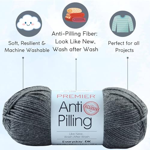 Image of Premier Yarns Anti-Pilling Everyday DK Charcoal 1107-30 (3-Skeins-Same Dye Lot) DK Light Worsted #3 Anti-Pilling Acrylic Yarn for Crocheting and Knitting with Project Bag