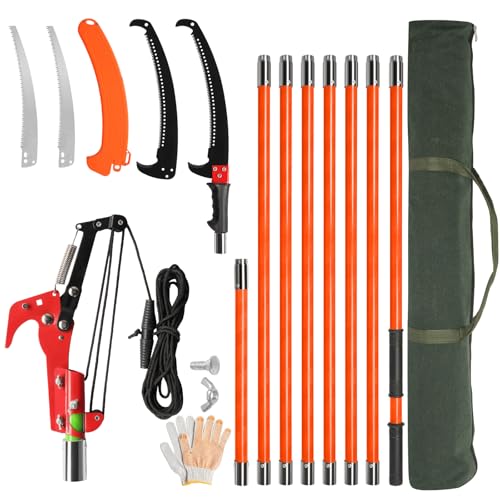 Image of VINGLI 26FT Manual Pole Saw for Tree Trimming, Extendable Tree Pruner, Sharp Steel Blade and Scissors, High Tree Branch Cutter with Lightweight 8 Fiberglass Long Handles, for Pruning Palms and Shrubs