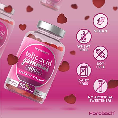Folic Acid Gummies 400μg | 90 Vegan Gummies (3 Months Supply) | Pregnancy Care Vitamins for Women | Prenatal Health & Maternal Tissue Growth During Pregnancy | by Horbaach