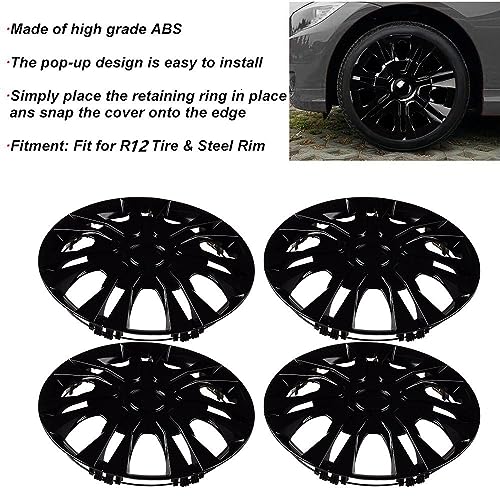 Image of Black Hubcap Wheel Cover Replacement Kit 12 inch Hub Caps Wheel Rim Cover Car Exterior Accessories Pack of 4, 12 Inches
