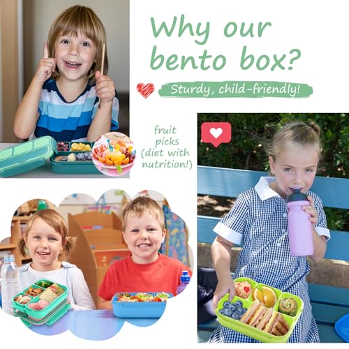 Image of QQKO Bento Box for Kids Adults, School Toddler Lunch Box for Boys Girls, Lunch Box Containers with 4 Compartments, Sauce Container, Utensils, Food Picks and Muffin Cups for School, Green