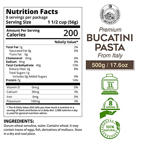Morelli Bucatini Pasta Noodles - Premium Organic Italian Pasta from Italy - Handcrafted, Family Owned Gourmet Pasta Brand - Durum Wheat Semolina Pasta 17.6oz / 500g - Pack of 12