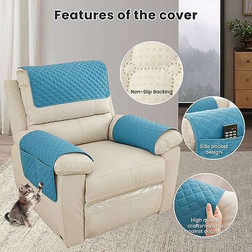 FANSU Armchair Covers for Arms Headrest Cover for Armchair Waterproof Slipcover with Side Pocket Nonslip & Washable & Abrasion Furniture Protector for Cat Dog Pets (1 Seater,Blue) - Image 2