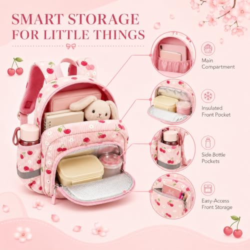 Image of LOIDOU Toddler Backpack for Girls Ages 2-4, 12 Inch Mini Preschool Daycare Bookbag with Insulated Snack Pocket, Corduroy Small Kids Travel Backpack, Pink-cherry