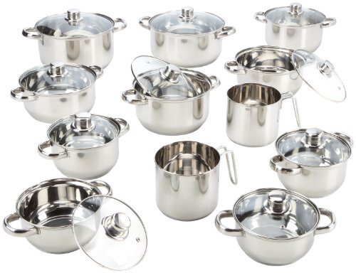 Topfsortiment Edelstahl 22-teilig, Topfset für alle Herdarten, außer Induktion, Kochtopfset, Kochset mit Schüttrand und Alu-Sandwichboden,