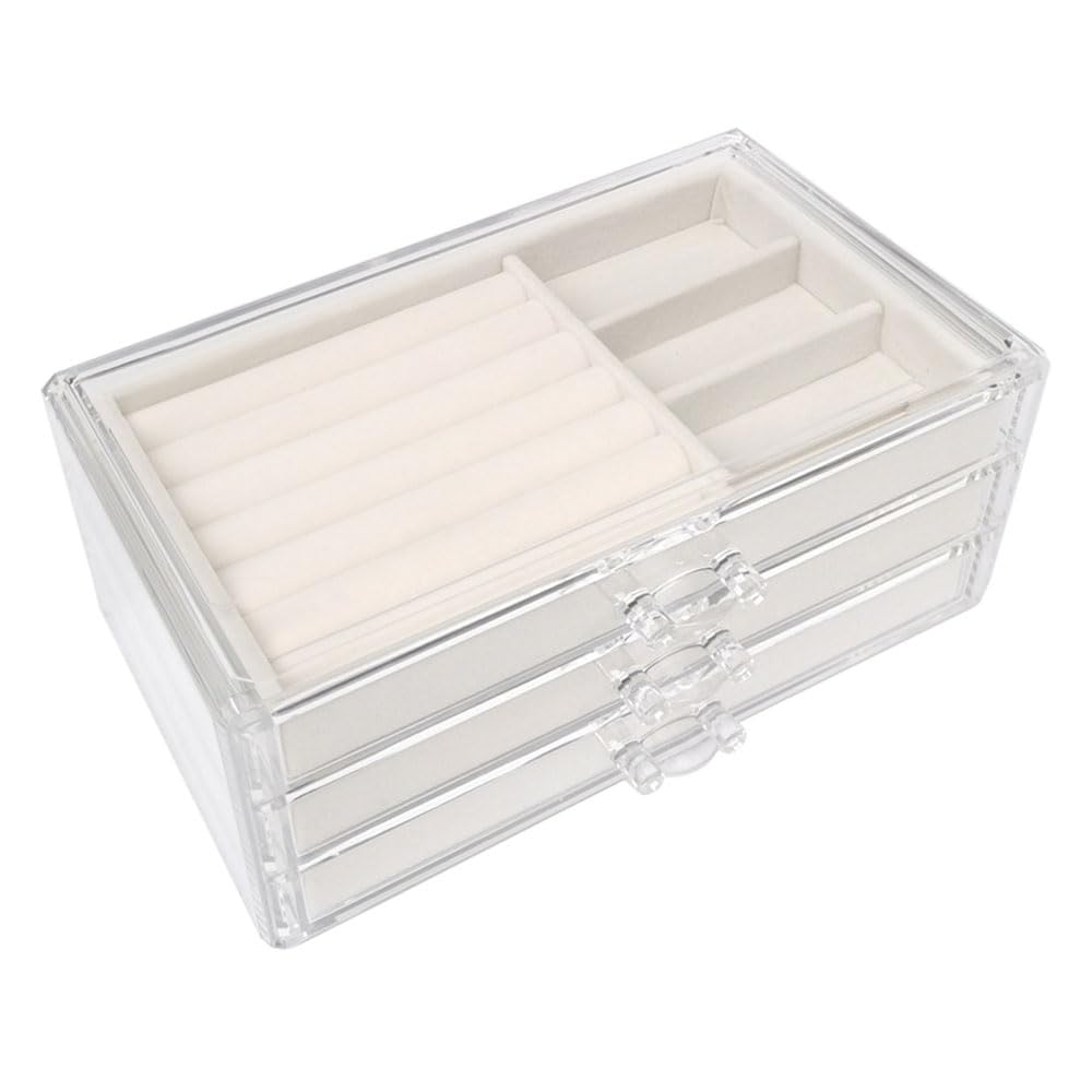 HOOTOHOOTO Clear Acrylic Jewelry Organizer Box with 3 Drawers, Stackable Velvet Jewelry Display Storage Earrings Necklace Rings Bracelets Box Holder Case for Women, Beige