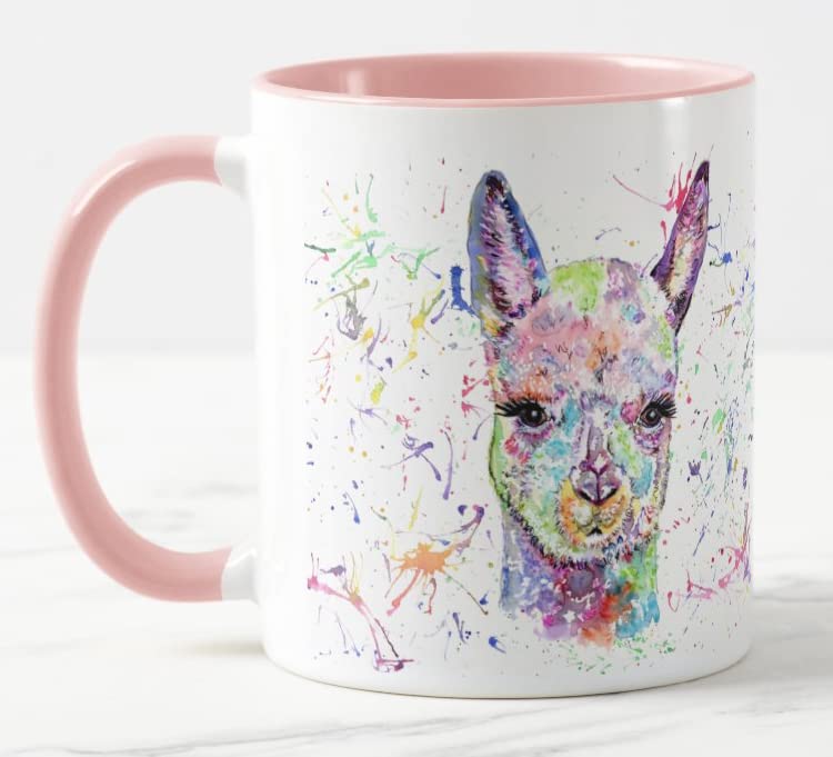 VixarAlpaca Watercolour Rainbow Art Coloured Mug Cup Gift Birthday Work Office Christmas Tea Coffee (Pink)