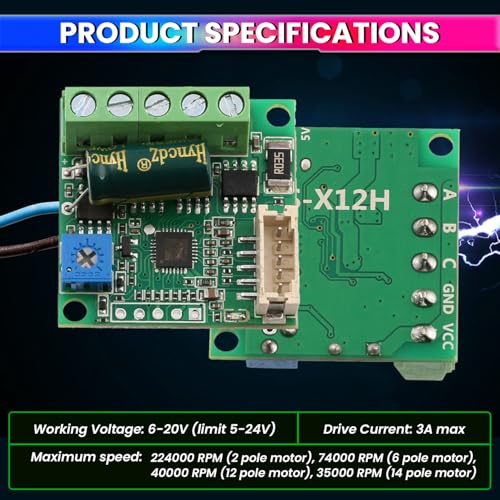 Image of amiciSmart DC 6-20V 60W Brushless Motor Driver Board - 3A BLDC Speed Controller for 3-Phase Hallless Motors | High-Speed Governor Module With Cable for DIY Electronics, Robotics & Small Motor Control