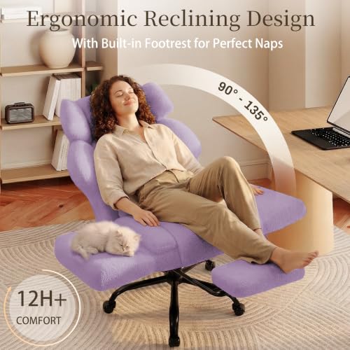Image of Office Chair with Flip Armrests,Comfy Criss Cross Chair for Pets Sitting,Big and Tall Office Chair with Foot Rest,Extra Wide Seat & Lumbar Pillow,Ergonomic Computer Gaming Chair,Teddy Fleece,Purple