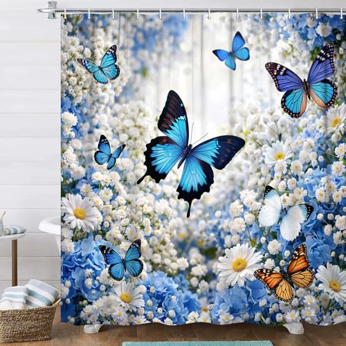 Uokiuki Floral Butterfly Shower Curtain for Bathroom Cute Blue Flowers Butterflies Shower Curtains Waterproof Polyester Fabric Bath Curtain with 12 Hooks 72x72 inch
