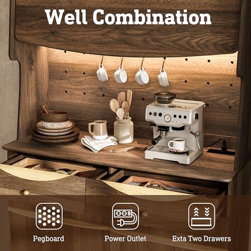 Image of STO'SENSE 72'' Kitchen Pantry Cabinet w /Power Outlets, Tall Storage Cabinet w /LED Light, FILP-up Door & Pegboard, Freestanding Kitchen Hutch w /Drawers, Solid Wood Handles (Walnut)