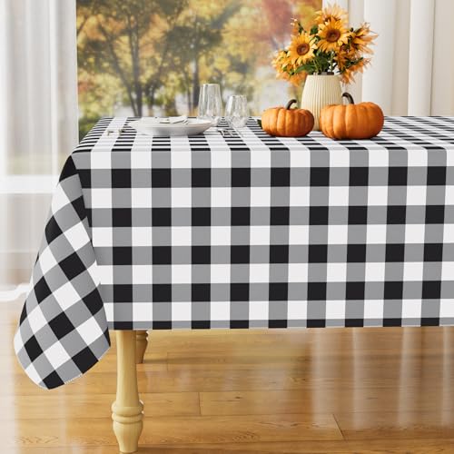 misaya Rectangle Waterproof Vinyl Table Cloth, Buffalo Flannel Backed Tablecloth, Wipeable Plastic Table Cover for Dinner, Kitchen, Outdoor (60' x 84', Black and White)