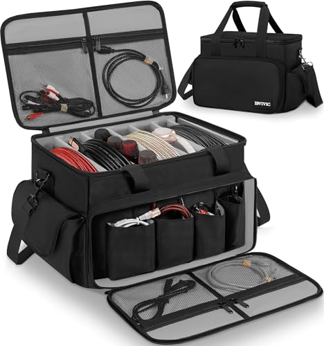 Image of IBVIVIC Cable File Bag With Adjustable Dividers Dj Gig Bag for Cables, Cords,DJ Gear,Sound Instrument and Accessories 16L x 11W x 12H inch, Grey