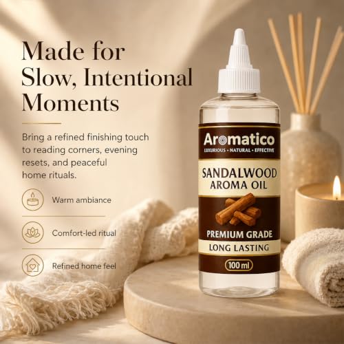 Image of AROMATICO Pure Sandalwood Aroma Diffuser Oil | Long-Lasting Fragrance Oil for Homes, Offices & Showrooms. Ideal Aromatherapy for Diffusers, Reed Diffusers, Air-Purifiers & Candles 100 ml
