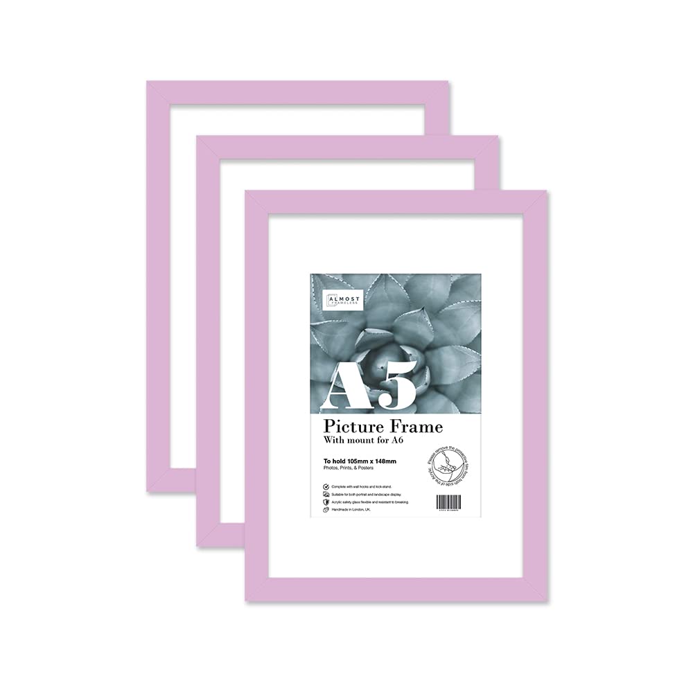 Almost Frameless A5 Lilac Picture Frame Set of 3, Display A6 Pictures with Mount or A5 Without Mount Gallery Wall, Poster, Photo, Artwork, or Print, Lilac