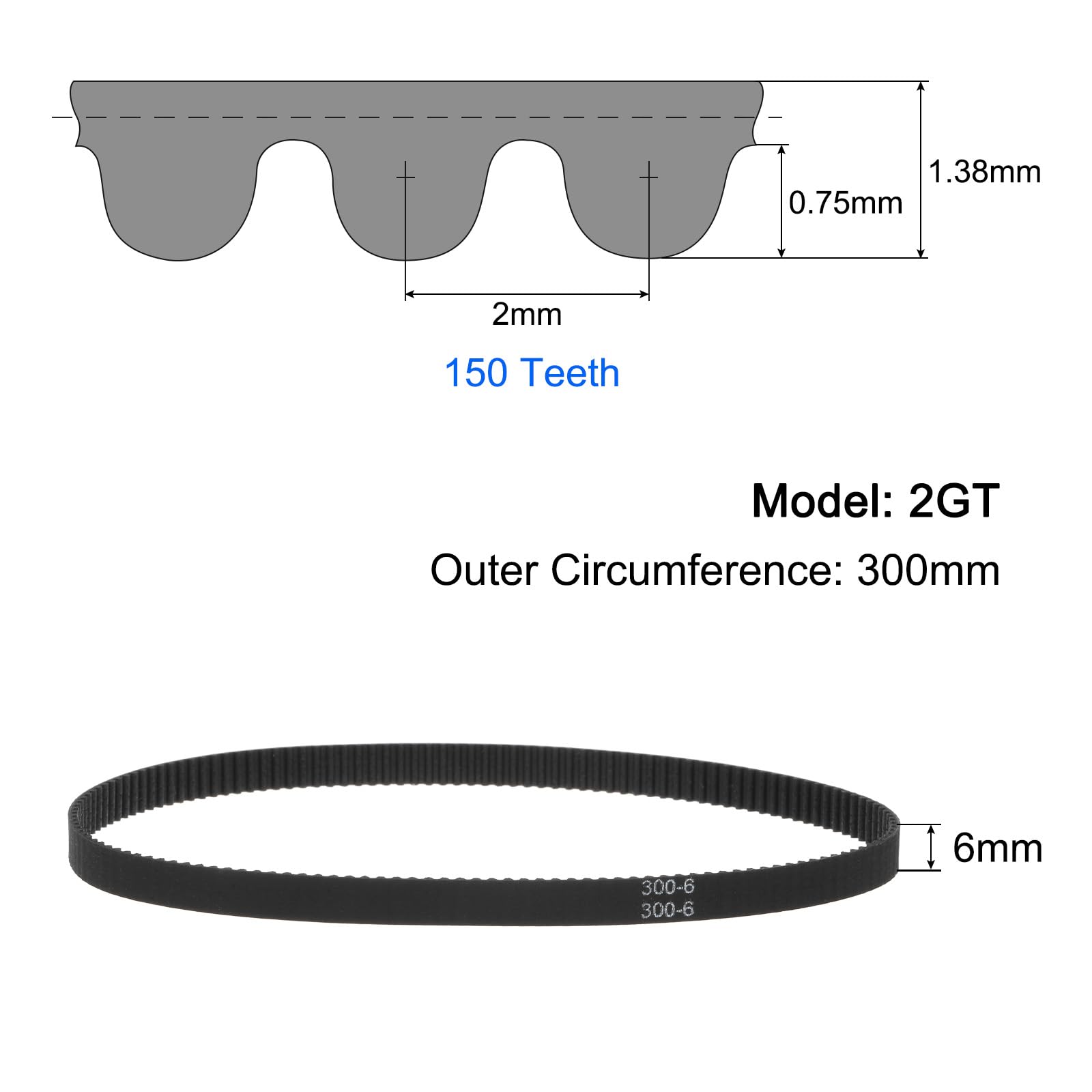 uxcell Lot de 4 courroies de distribution 2GT en caoutchouc à boucle fermée 300-2GT-6, 6 mm de largeur x 300 mm de longueur, courroie de distribution pour imprimante 3D