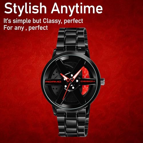 Image of ADAMO Men's New Car Wheel Watch with Rolling Creative Fashion Analog Watch, Black Dial Zink Alloy Case Men's Watch, Stainless Steel Black Color Band, Quartz Movement, Water & Scratch-Resistant