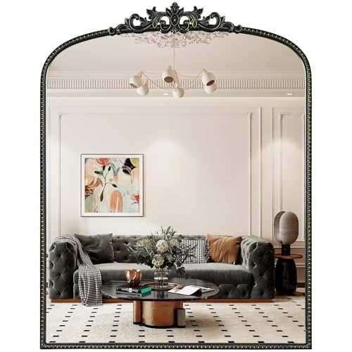 Image of WallBeyond Black Vintage Mirror for Vanity 28x36 Inch, Black Antique Mirror with Ornate Frame, Arched Vintage Wall for Bathroom, Living Room, Fireplace, Entryway