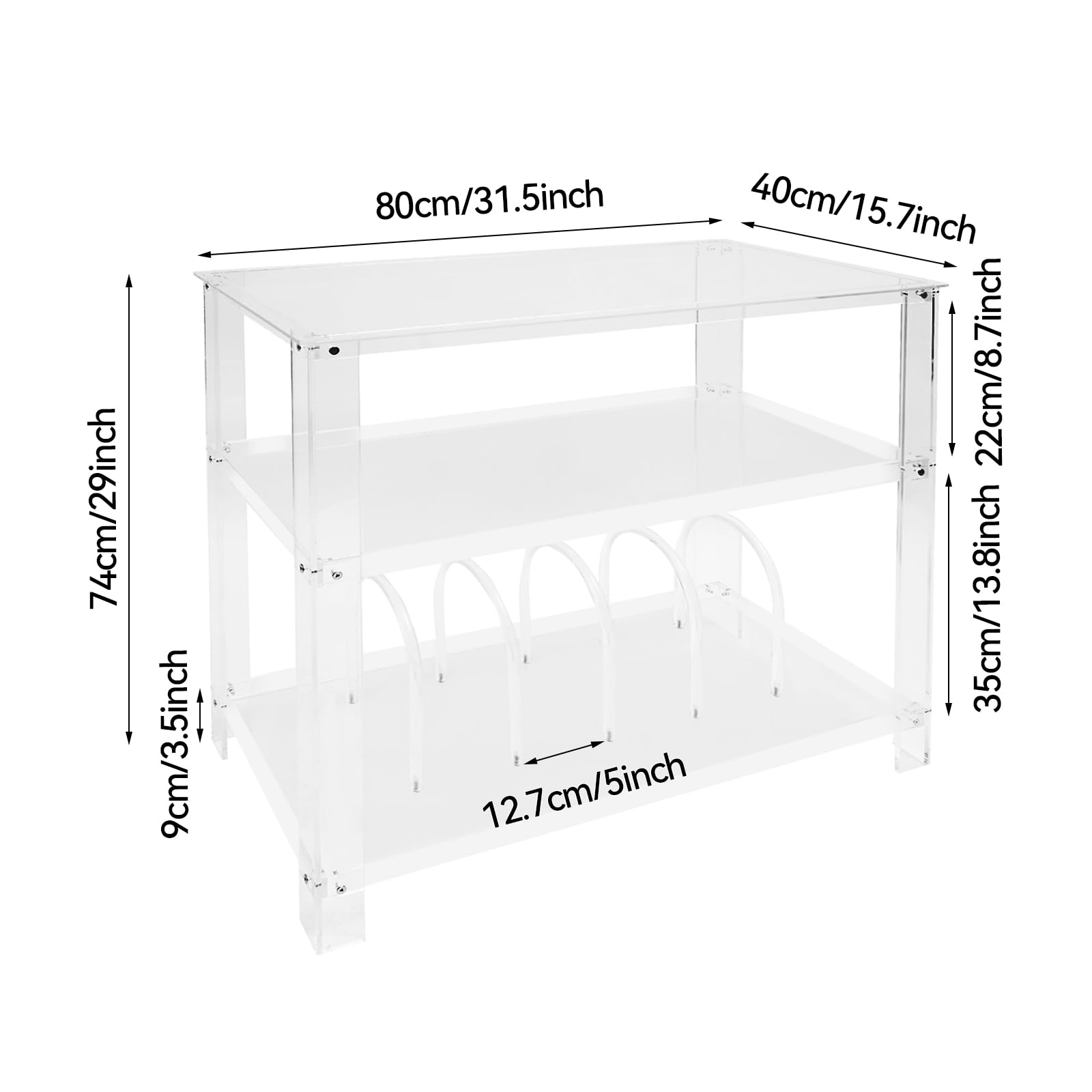 Acryl Beistelltisch mit 3 Ebenen 80x40x74 cm, transparentes Plattenspieler Regal für Vinyl Player, Aufbewahrungstisch (Transparent)