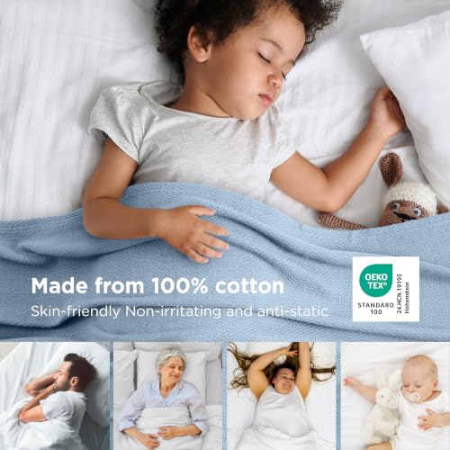 Image of Bedsure 100% Cotton Blanket, Herringbone Weave, Queen Size, Light Blue
