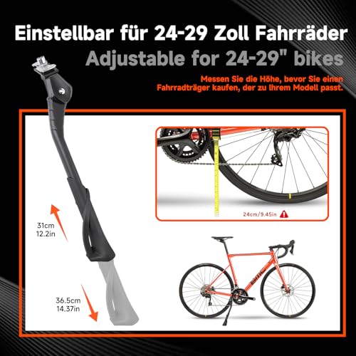 Geeignet für Fahrradständer von 20-29 Zoll, verstellbarer Seitenständer, höhenverstellbarer Mittelpumpenständer, geeignet für Mountainbikes, Elektrofahrräder und Rennradständer. (Rundkopf schwarz)