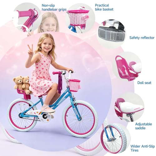 Image of WinHope Girls Bike with Doll Seat, 12 14 16 18 20 Inch Kids Bike for 2-12 | Dual Brake with Training Wheels / Kickstand & Streamers Birthday Gift for Toddler Outdoor Riding, Multiple Colors