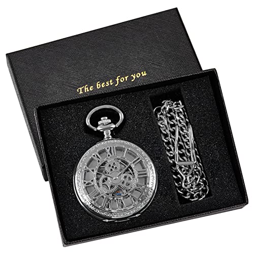 Image of Classic Silver Mechanical Pocket Watch, Roman Numerals Silver Pocket Watch with Chain Box for Men