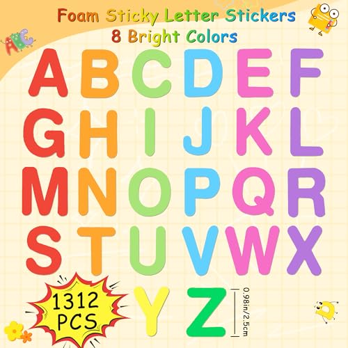 1312 PCS Letter Stickers, Foam Letter Stickers, Self Adhesive ABC Alphabet Sticker, Foam Sticker for Kids Crafts, Stick On Letters for School Project DIY Craft Supplies Party Decorations, 8 Colors