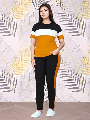 Image of Cotton Blend Tracksuits for Women Half Sleeves Round Neck Woman Workout T-shirt & Pant for Sports Comfortable and Breathable Gym Wear for Womens Tracksuit Set with Top & Bottom Pants