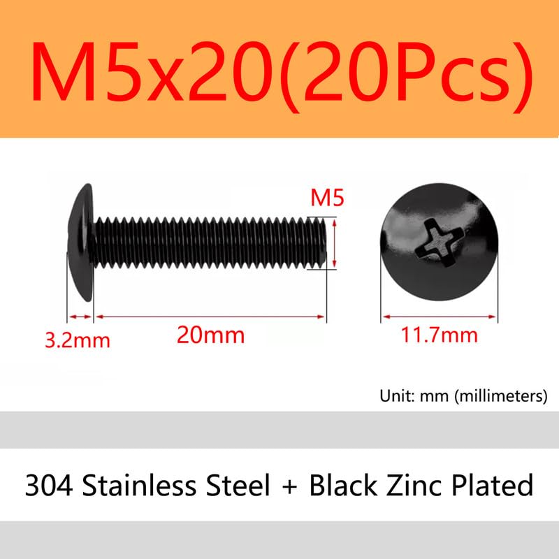 Croce Bulloni a testa tonda Acciaio inossidabile 304 Nero Zinco Fungo Bulloni testa tonda piatta Pan Viti Machine Elementi di fissaggio M5 x 20mm 20 Pcs