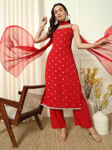 Image of FIORRA Women's Red Crepe Kurta and Palazzo Set with Matching Dupatta