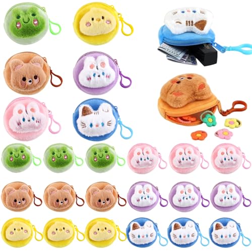 24Pcs Coin Purse Cute Plush with Zipper Keychain, Cartoon Coin Pouch Keychain, Kawaii Small Change Purse for Women & Girls